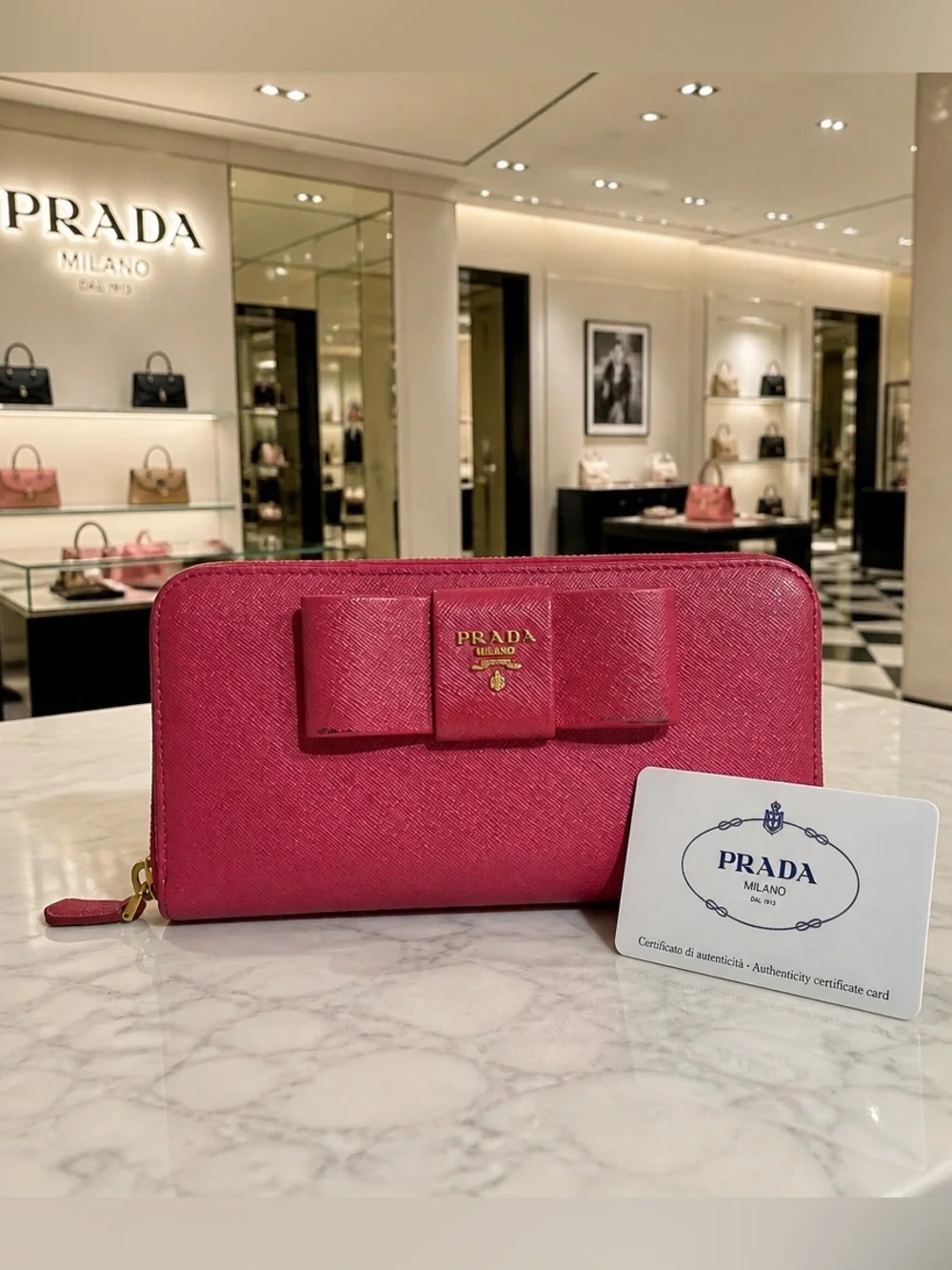 GUC Prada Pink Saffiano Metal Leather Bow Continental Wallet
